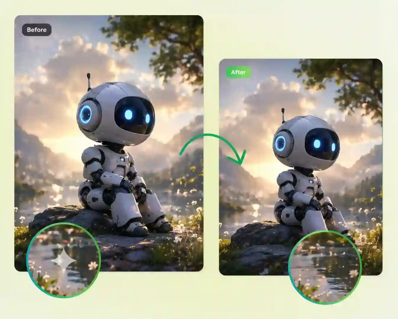 Before and after using Gemini watermark remover – cute robot photo