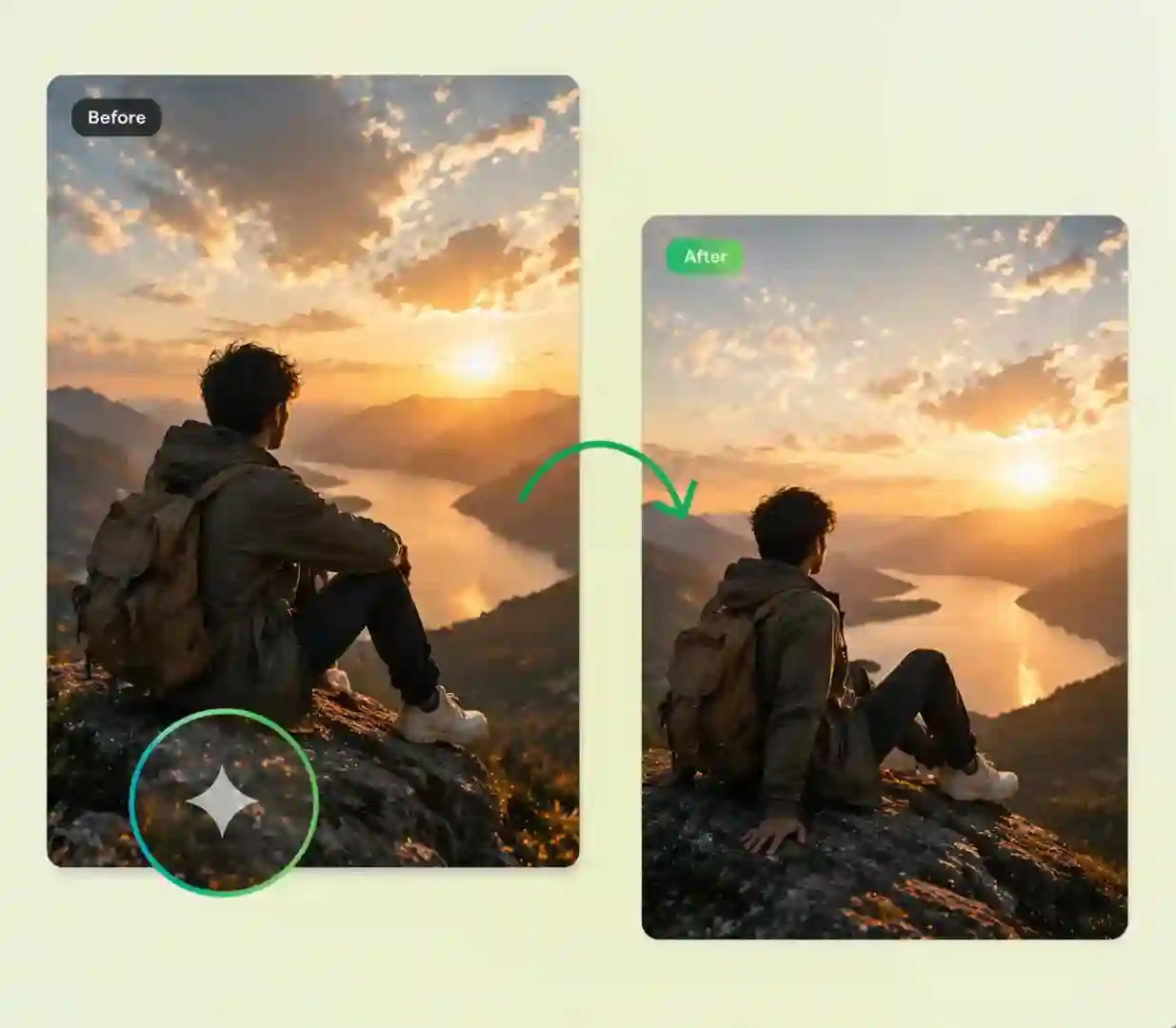 Before and after using Gemini watermark remover – sunset hiker photo